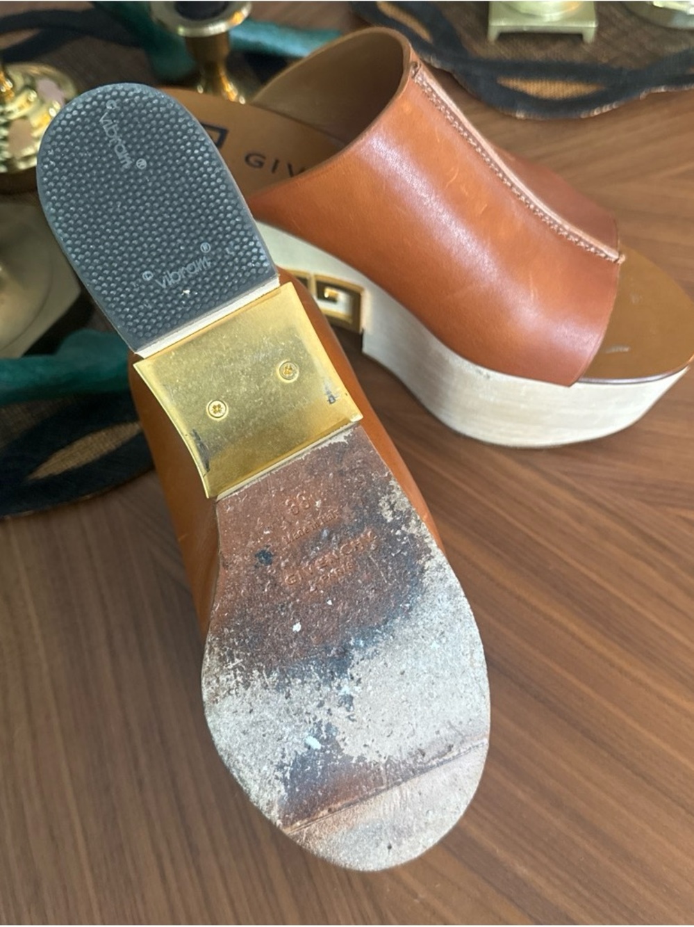 Givenchy Tan Brown Leather Wedge Mules - Picture 5 of 5